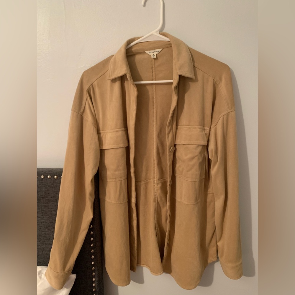 small beige tan faux suede shacket shirt jacket